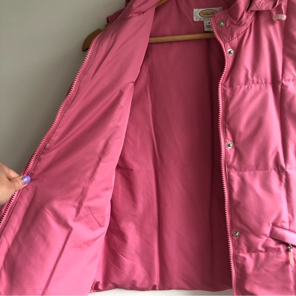 TALBOTS Goose Down Feather Puffer Vest Pink Hidden Hood Full Zip Snap Sz SP - Picture 12 of 16